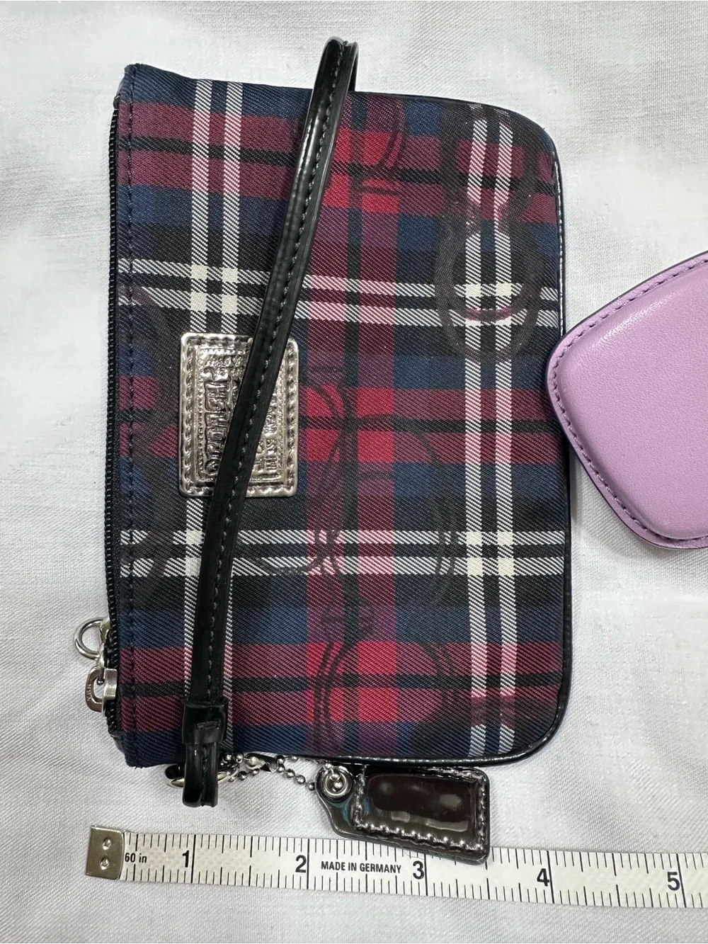 Coach Red & Black Plaid Wristlet Pouch with Silver Hardware